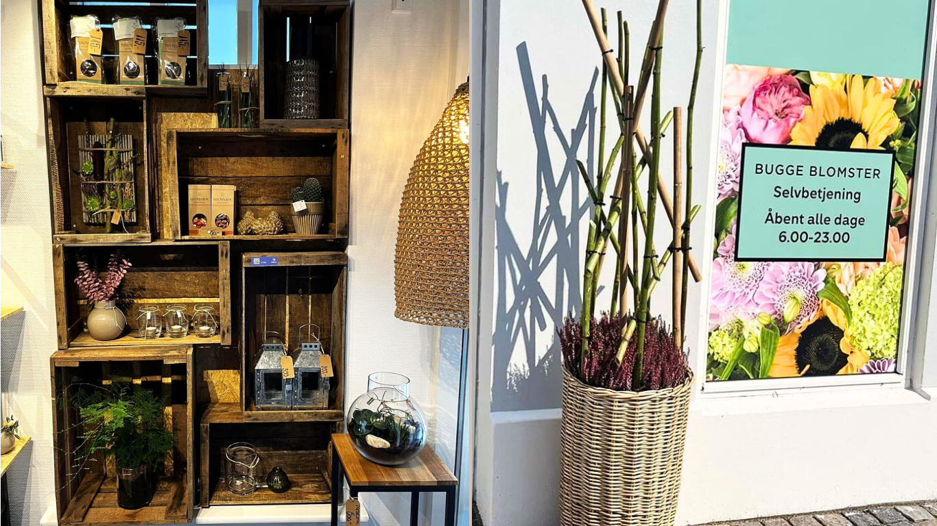 Trækassevæg med brugskunst og facaden af selvbetjeningsbutikken i Skjern. 